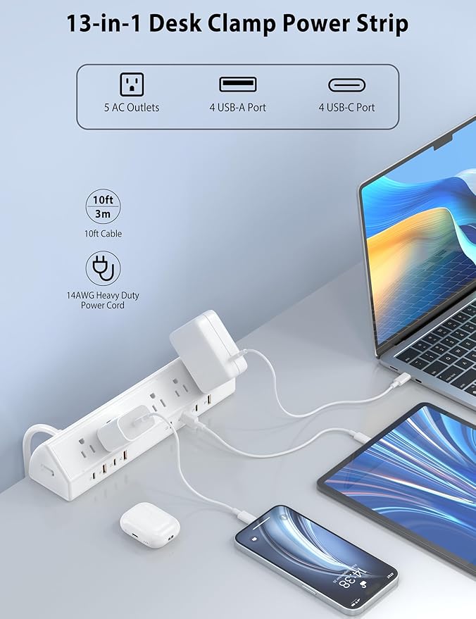 Desk Clamp Power Strip 65W Fast Charging Station, 4 PD USB-C, 5 Outlets
