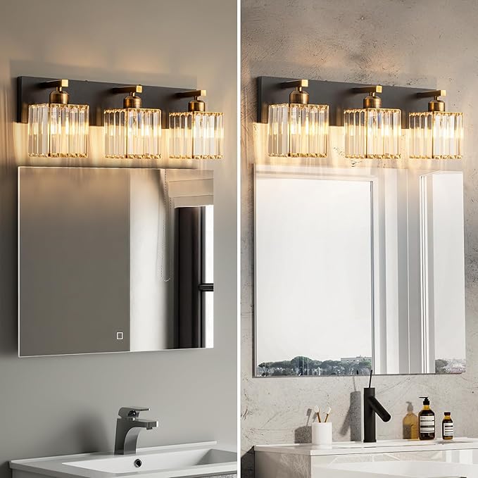 FDPBY Modern Bathroom Vanity Light 3-Lights Black Gold Crystal Bathroom Wall