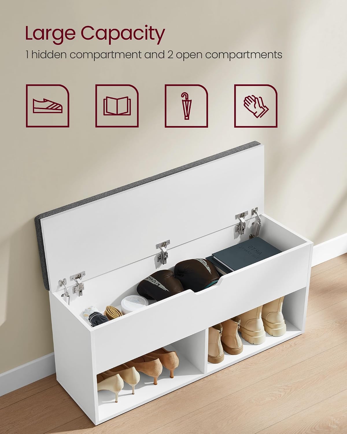 vasagle shoe storage bench with cushion, 2 open showing dimensions