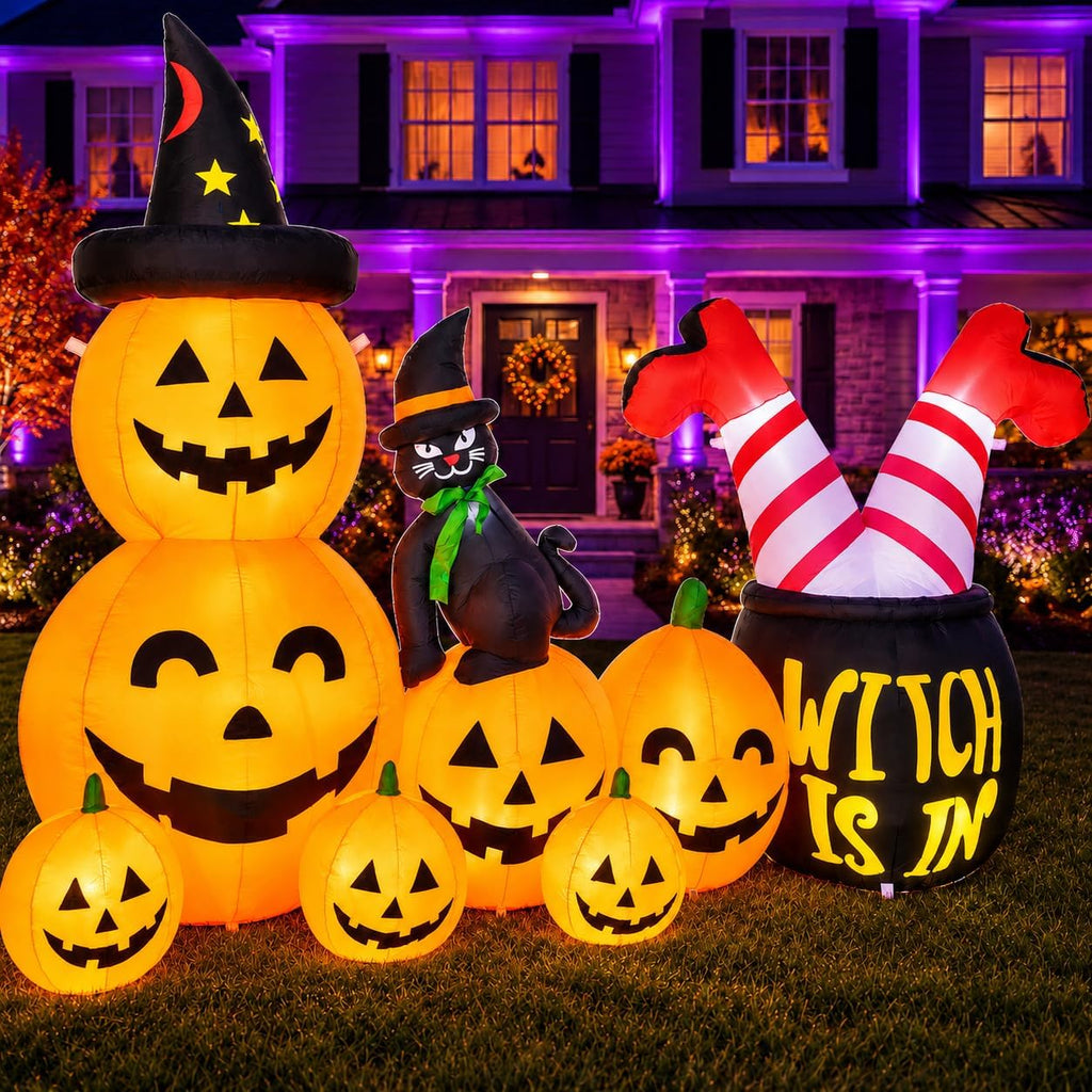 9FT Giant Halloween Inflatables Pumpkins with Witch Outdoor Decorations, Blow Ups 7 PCS Pumpkins with Build-in LED Lights, Funny Yard Garden Decoration for Halloween Party Indoor Outdoor