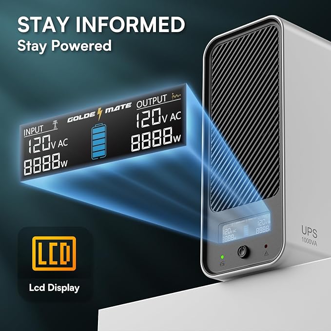 GOLDENMATE 1000VA/600W Lithium UPS Battery Backup and Surge Protector, Backup
