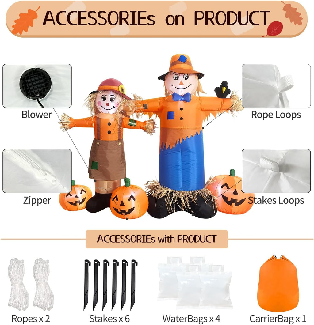DomKom 6ft Long Inflatable Scarecrow and Pumpkin – Halloween Thanksgiving Fall Yard Decoration with Built-in LED Lights Outdoor Blow Up Decor for Lawn, Garden, Party