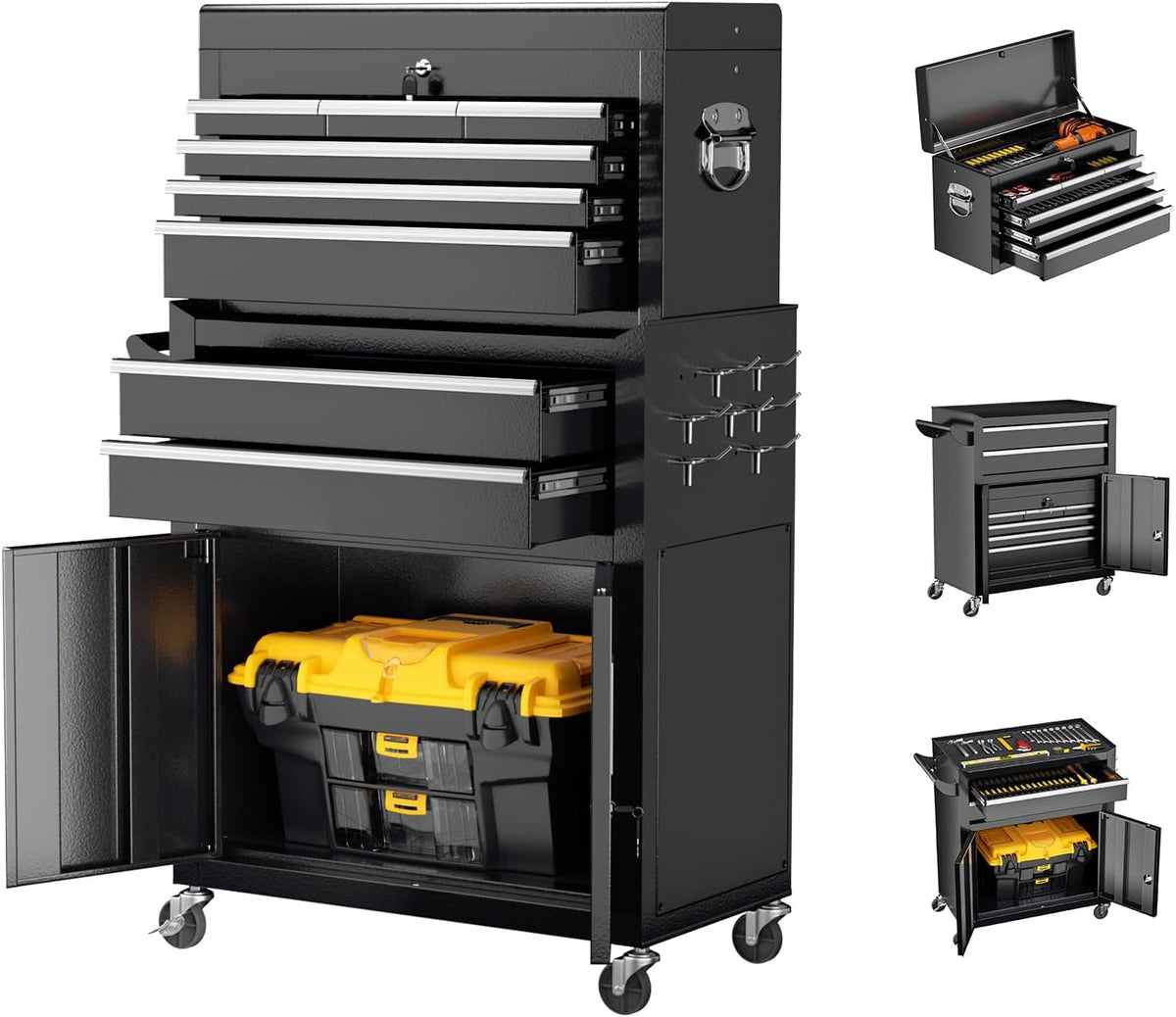 Oakcloud Heavy-Duty 8-Drawer Rolling Tool Chest and Cabinet Combo with Lock, Detachable Top Box, Side Hooks & Black Liners,Black