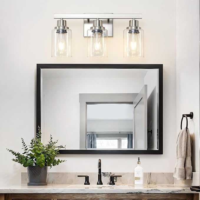 DIKAIDA 3-Light Bathroom Light Fixtures, Nickel Bathroom Vanity Light