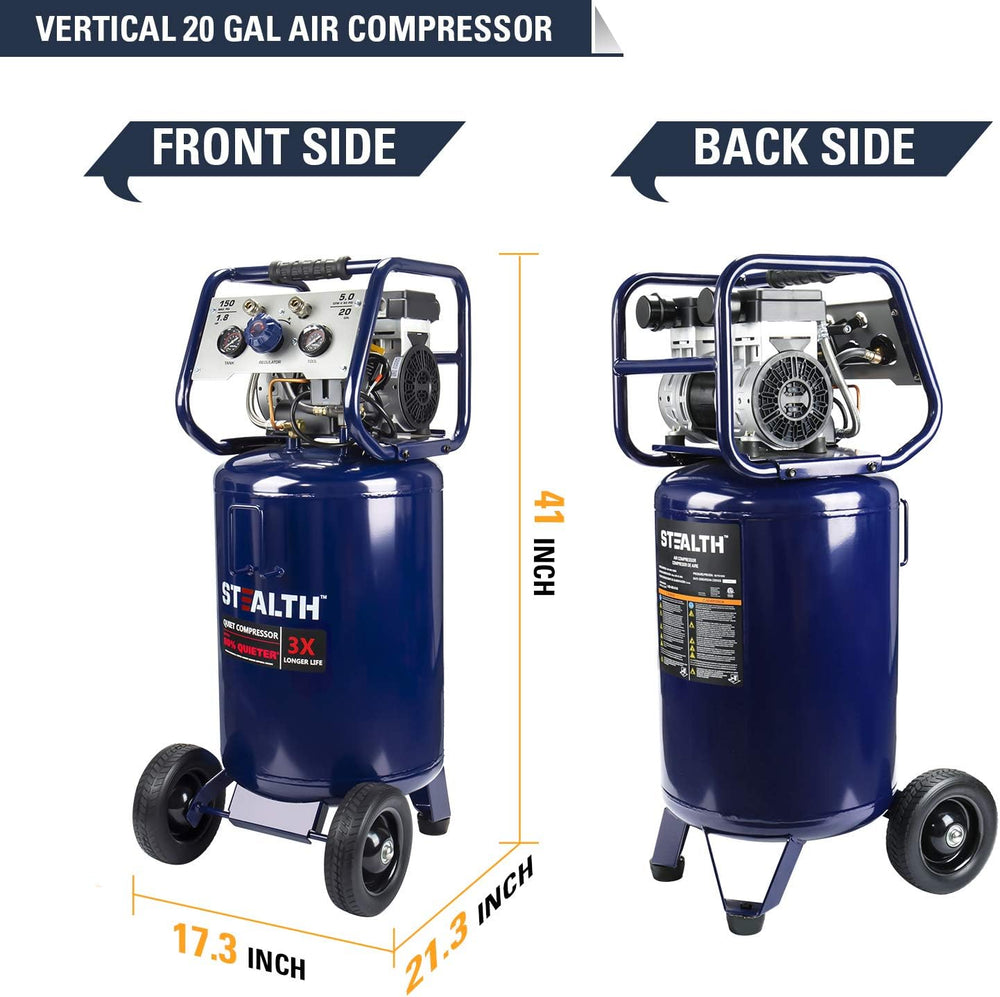 Stealth 20 Gallon Ultra Quiet Air Compressor,1.8 HP Oil-Free Peak 150 PSI 68 ...