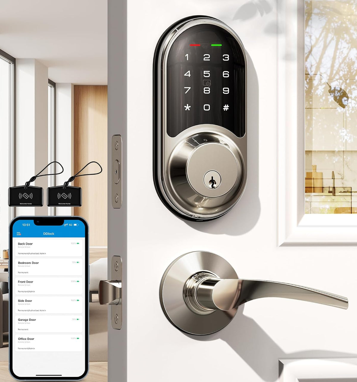 Veise RZ06B Smart Lock for Front Door with 2 Lever Handle Set, Satin Nickel