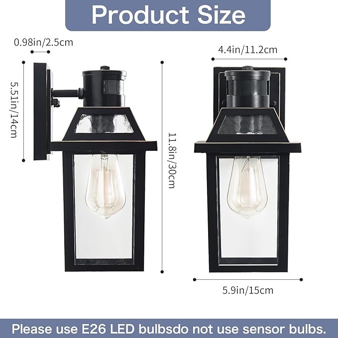 Yisuro Motion Sensor Outdoor Wall Lights, Porch Light Outdoor 3 Lighting Modes (2 Pack)