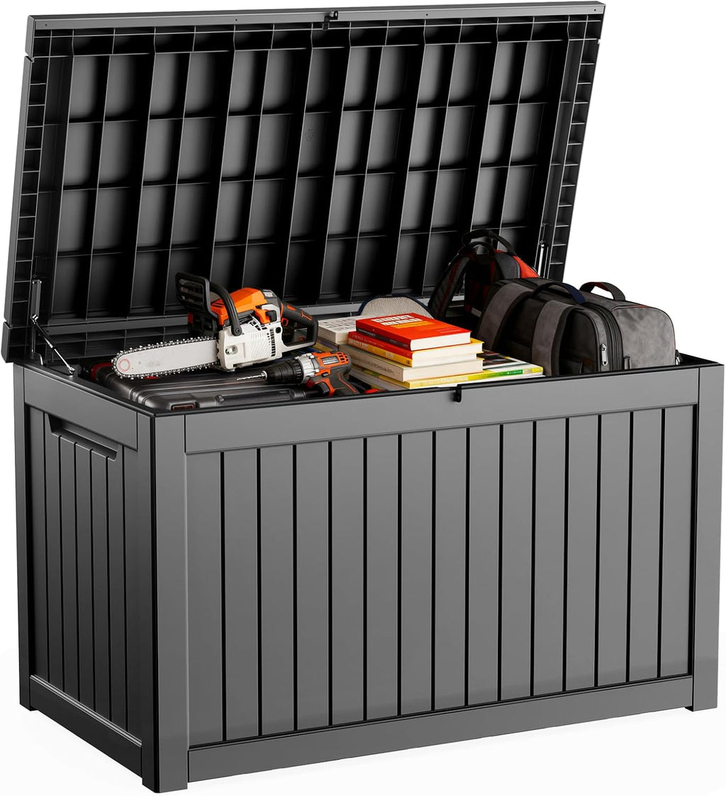 DRATO 280 Gallon Deck Box, Outdoor Large Waterproof Resin Storage Box with Lockable Lid for Patio Cushions, Gardening Tools (Black, 280 Gallon)