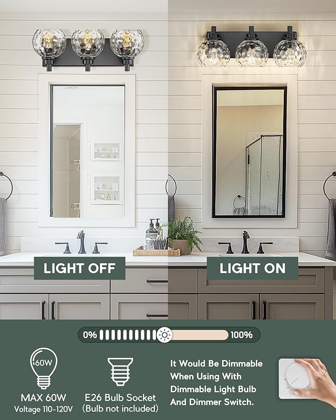 METWET Bathroom Light Fixtures Over Mirror, 3-Light Matte Black Vanity Light