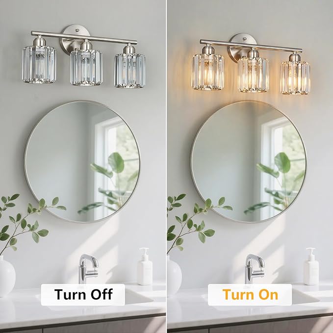 FDPBY Modern 3 Light Crystal Vanity Light, Brushed Nickel Vertical Bathroom