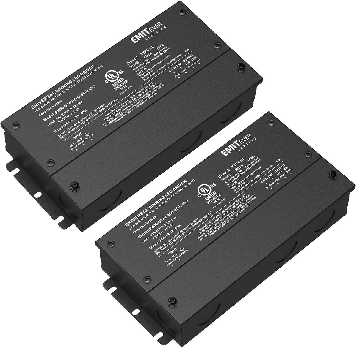 EMITEVER Dimmable Led Driver, 2 Packs 60W AC 110V-277V to DC 24V Transformer