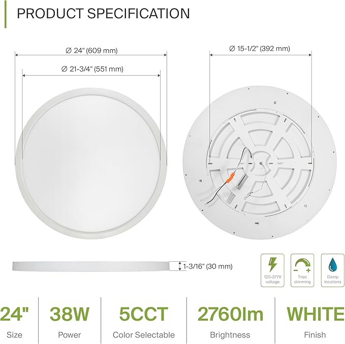 ASD LED 24" Round Flush Mount Ceiling Light Fixture, Low Profile Surface (4 Pack)