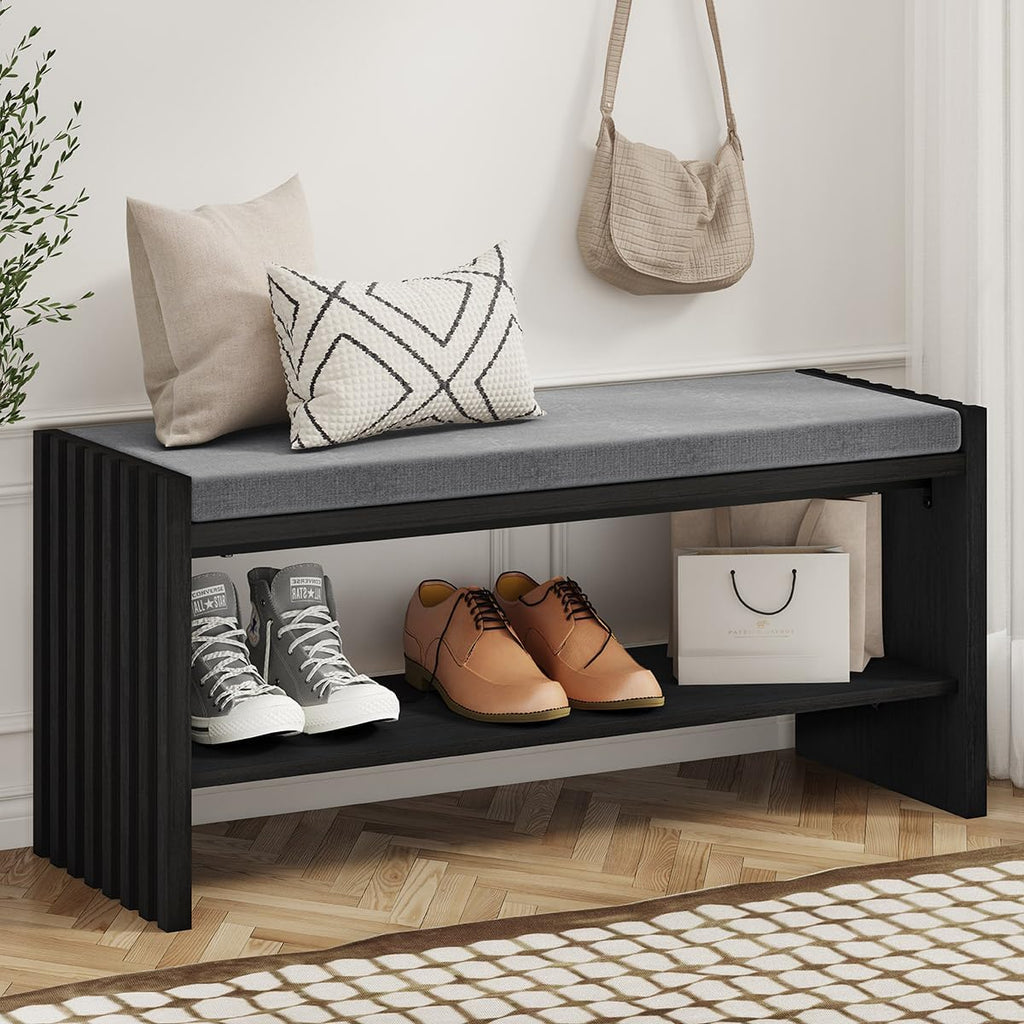 BON AUGURE Entryway Shoe Bench with Storage & Cushion for Mudroom, Black