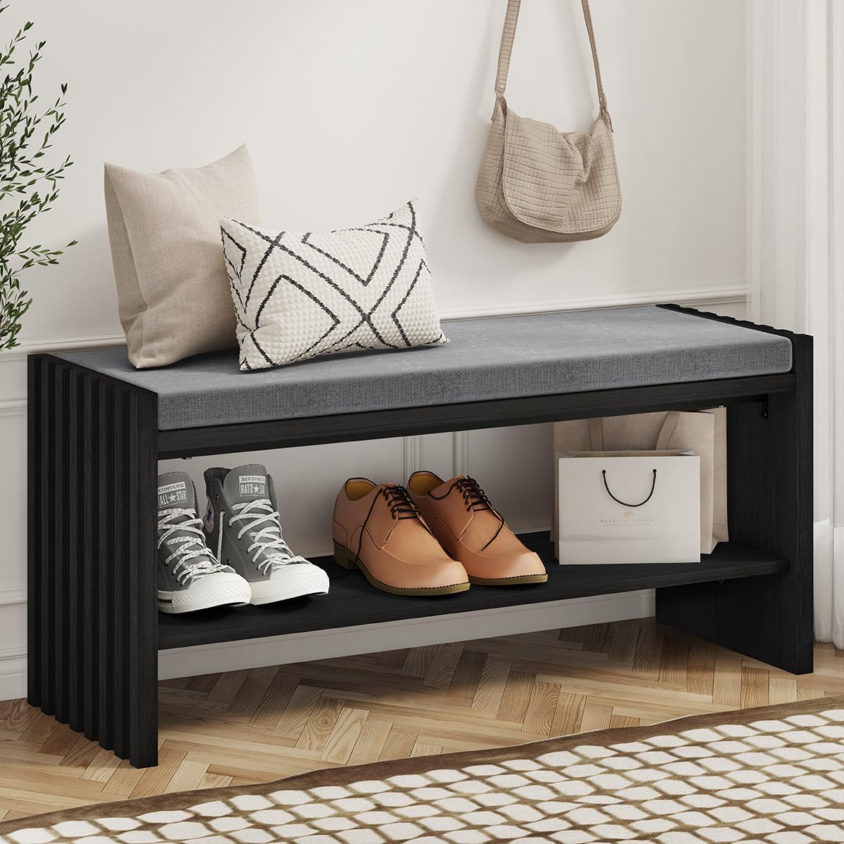 BON AUGURE Entryway Shoe Bench with Storage & Cushion for Mudroom, Black