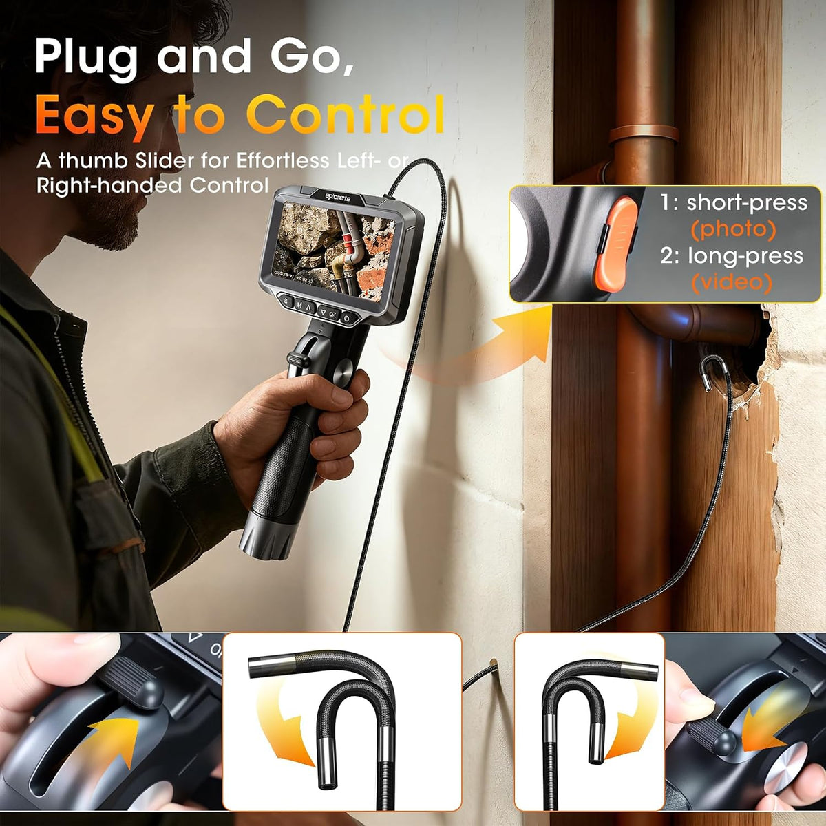 articulating borescope camera with light for automotive &, front angle view
