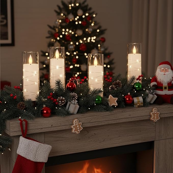 Raycare Flameless Candle with Remote Timer, 7 Flickering Acrylic Battery Operated LED Pillar Candles with Embedded Star String for Halloween, Home Decor, and as a Gift(White) (7 Pack)