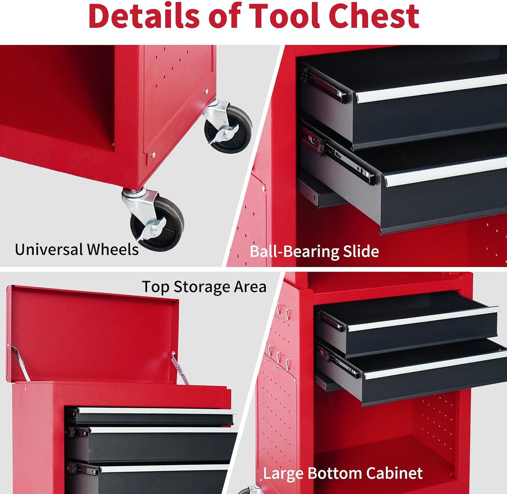 5-drawer rolling tool chest, high capacity metal tool, side view