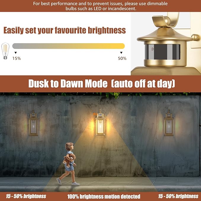 Roravilila 2-Pack Gold Dusk to Dawn Motion Sensor Lights 18 Inch, Large Outdoor