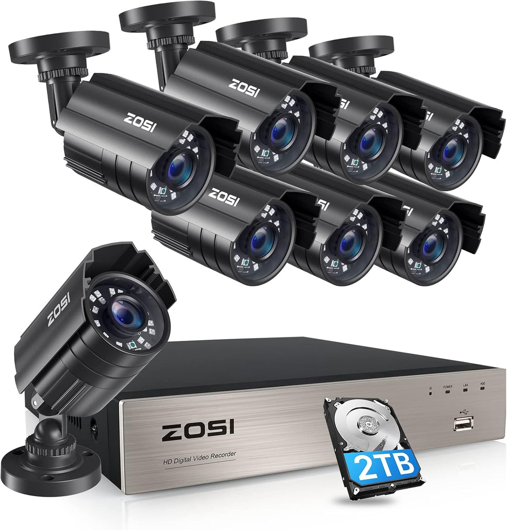 ZOSI 5MP Lite Home Security Camera System with 2TB Hard Drive,H.265+ 8CH CTV DVR,8pcs 1920TVL 1080p Outdoor Indoor Surveillance Cameras,80ft Night Vision,Motion Alert,Remote Access for 24/7 Recording