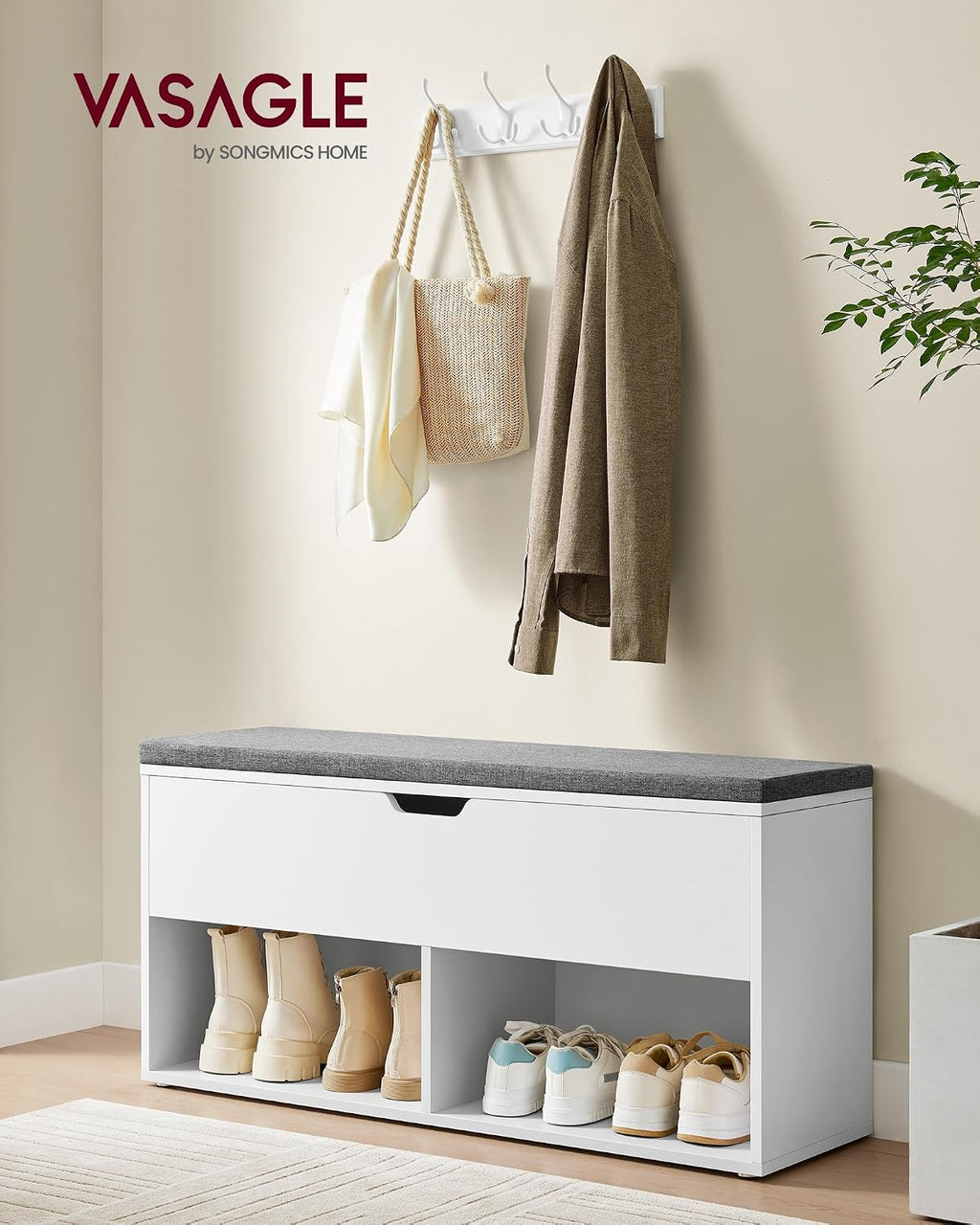 vasagle shoe storage bench with cushion, 2 open shown in use