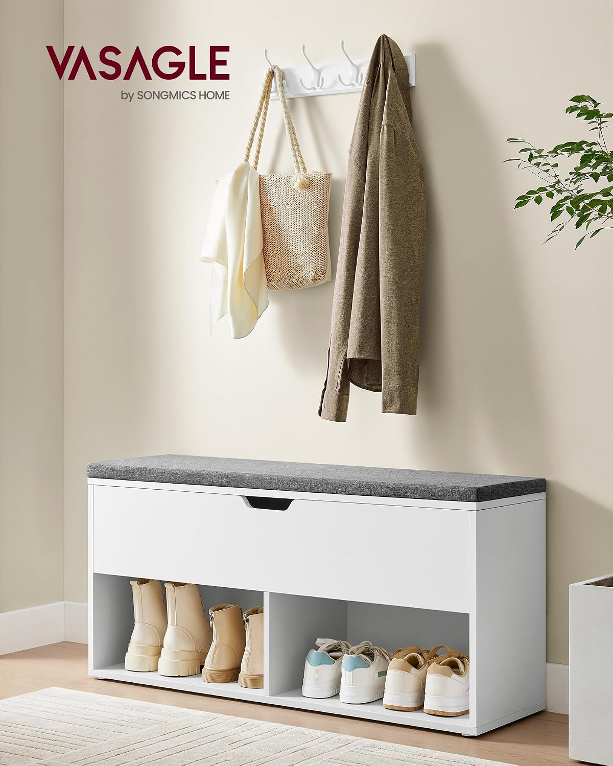 vasagle shoe storage bench with cushion, 2 open shown in use