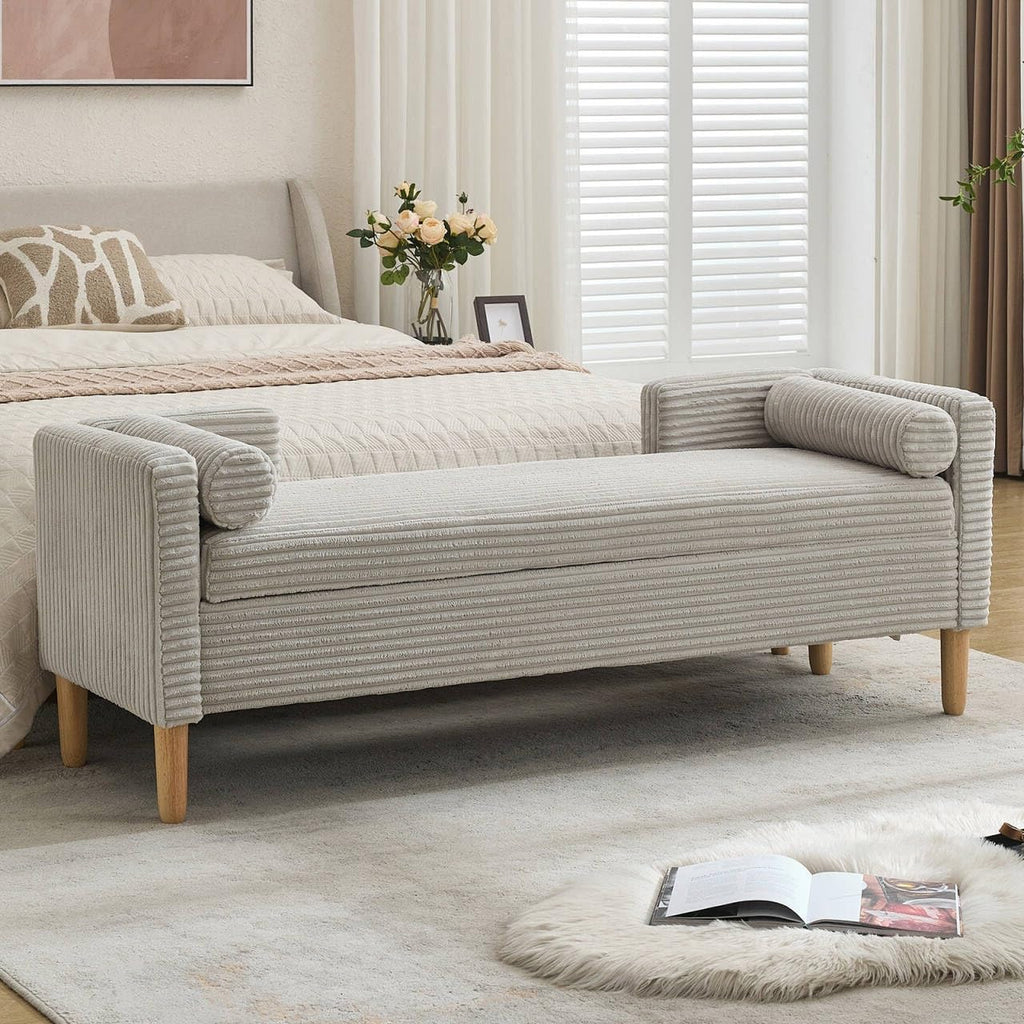 NIOIIKIT 65" Corduroy Upholstered Storage Ottoman Bench with 2 Pillows