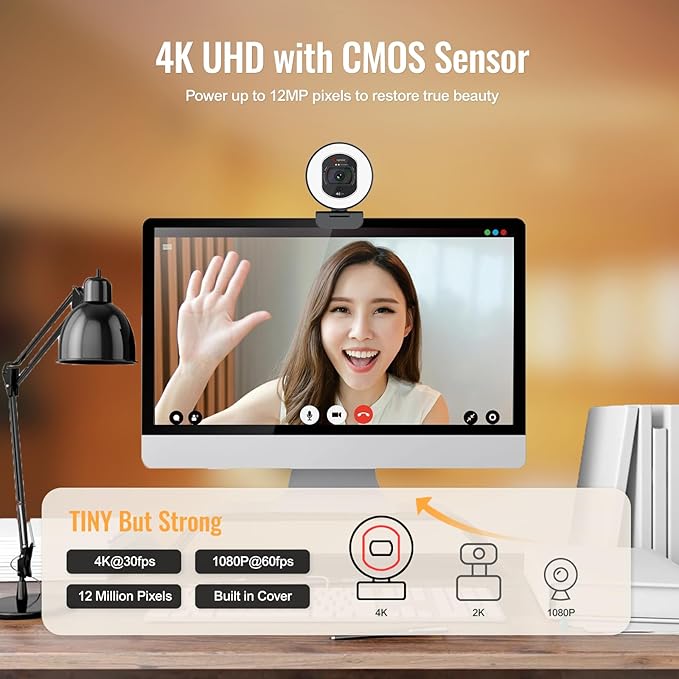 Angetube 4K Webcam with Light for PC: UHD 4K, TOF Auto Focus, Dual AI