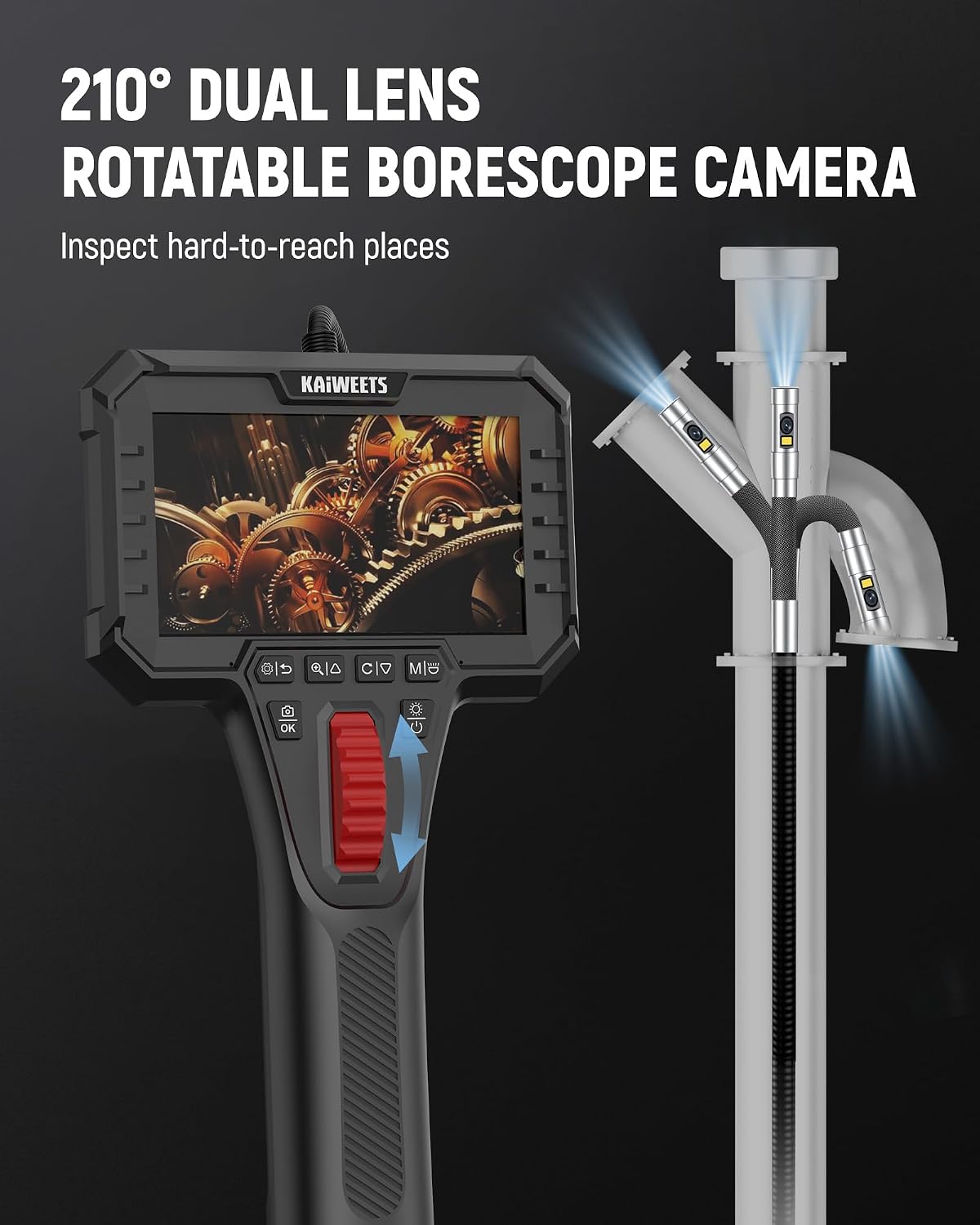 dual lens two-way articulating borescope camera with light, close-up detail