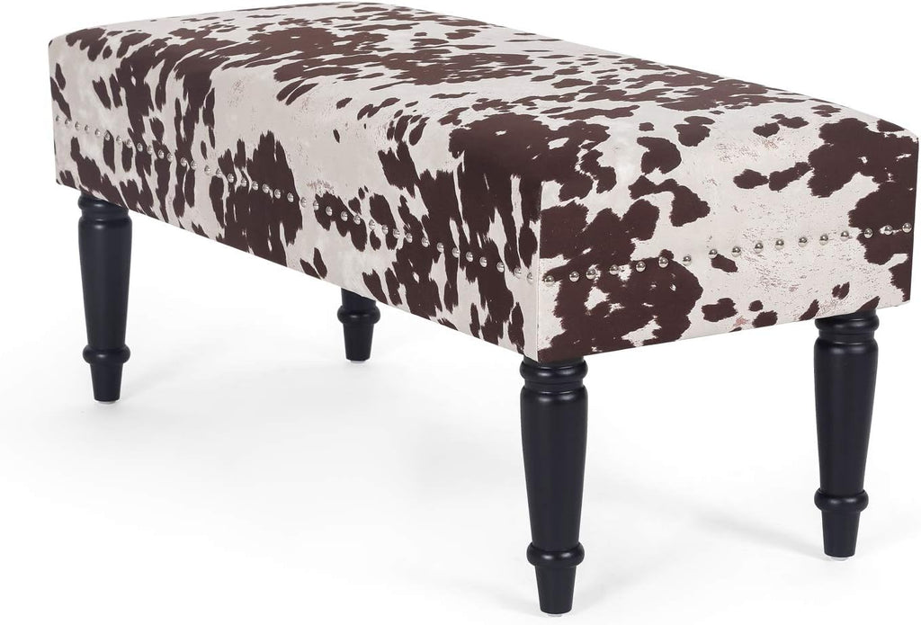 Homebeez 39.4" Cow Print Bench, Upholstered Bedroom Cowhide Bench, Western Bench Footstool with Wood Legs, for Entryway Dining Room Living Room Bedroom End of Bed (Brown Cow)