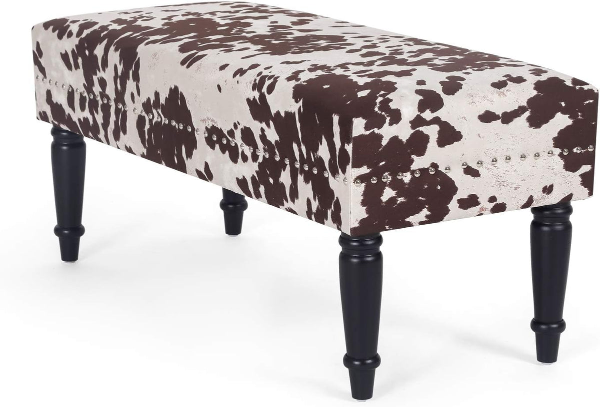 Homebeez 39.4" Cow Print Bench, Upholstered Bedroom Cowhide Bench, Western Bench Footstool with Wood Legs, for Entryway Dining Room Living Room Bedroom End of Bed (Brown Cow)