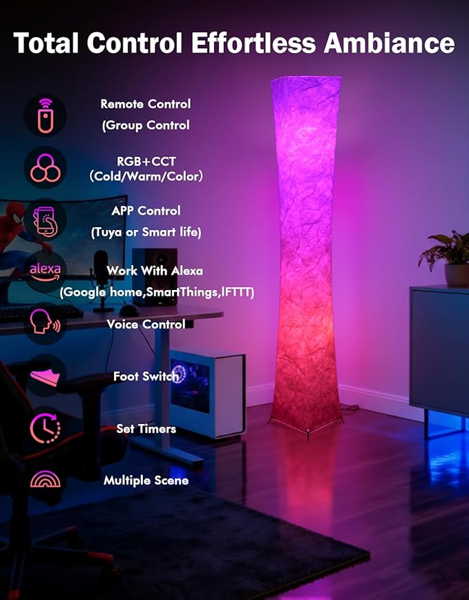 LEONC RGB+CCT Floor Lamp with Remote, 1800lm LED Tuya Smart 9W×2 Bulbs