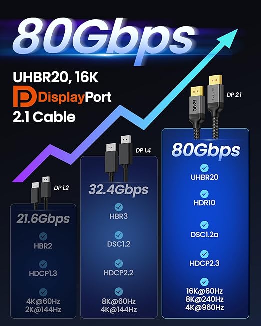 Silkland 80Gbps DisplayPort Cable 2.1 10FT/3M, DP 2.1 Cable 16K, DP80 HDR DSC