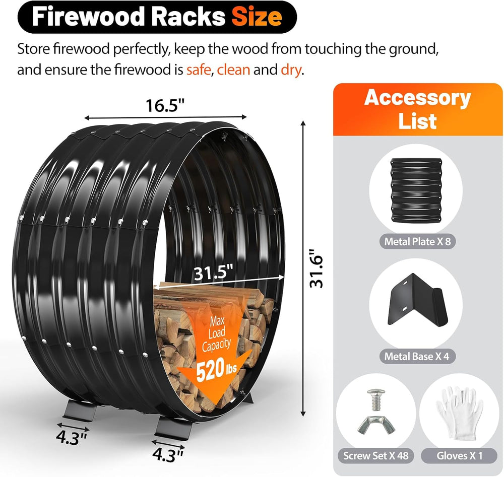 32" Round Metal Firewood Rack Circle with 4X Metal Support Outdoor / Indoor