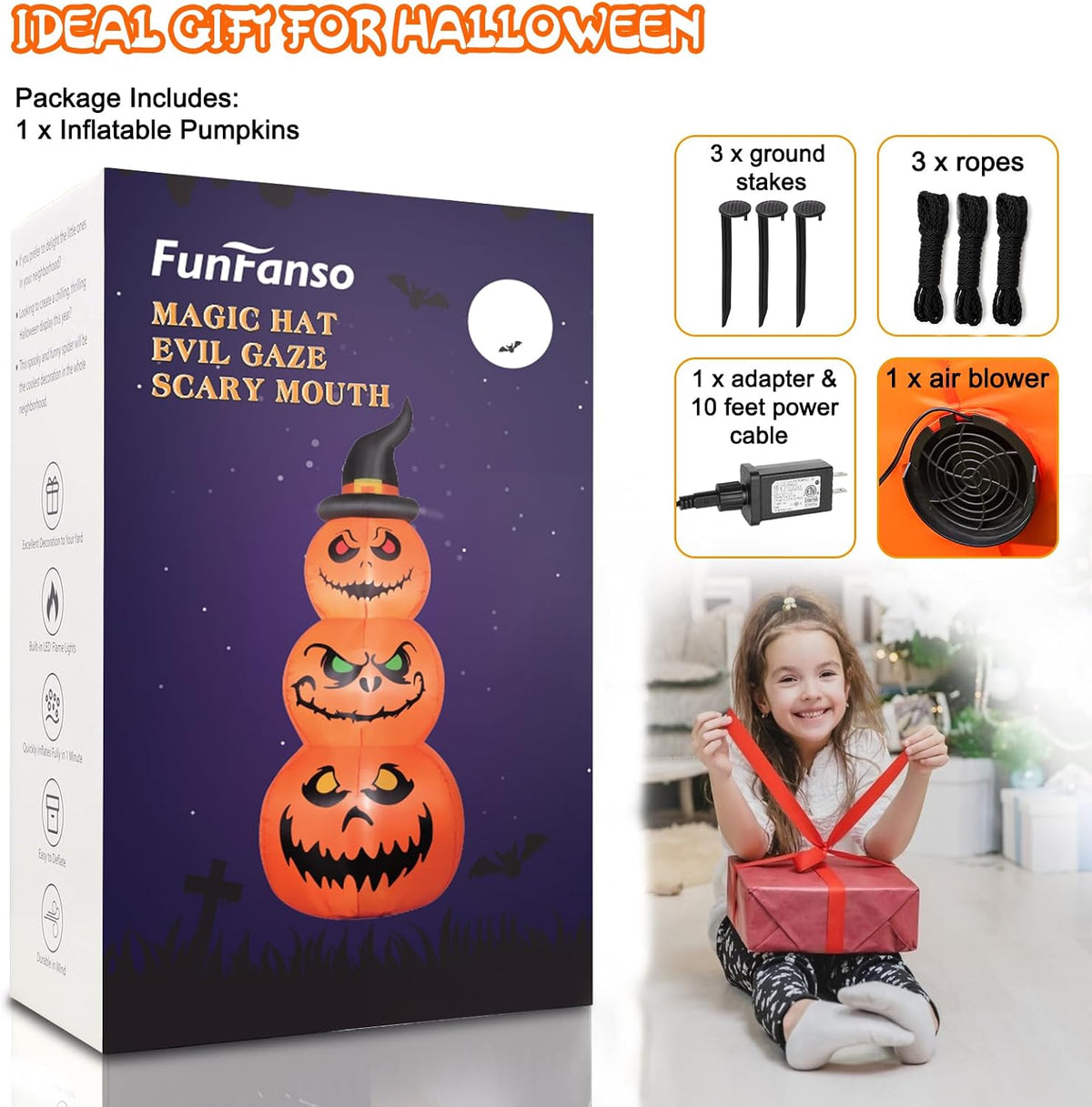 FunFanso 6 FT Halloween Inflatable Pumpkins Outdoor Yard Decorations, Blow up Pumpkins with Witch’s Hat and Bright LED Lights, Spooky Stacked Pumpkins for Garden Lawn Porch Holiday Indoor Party Home