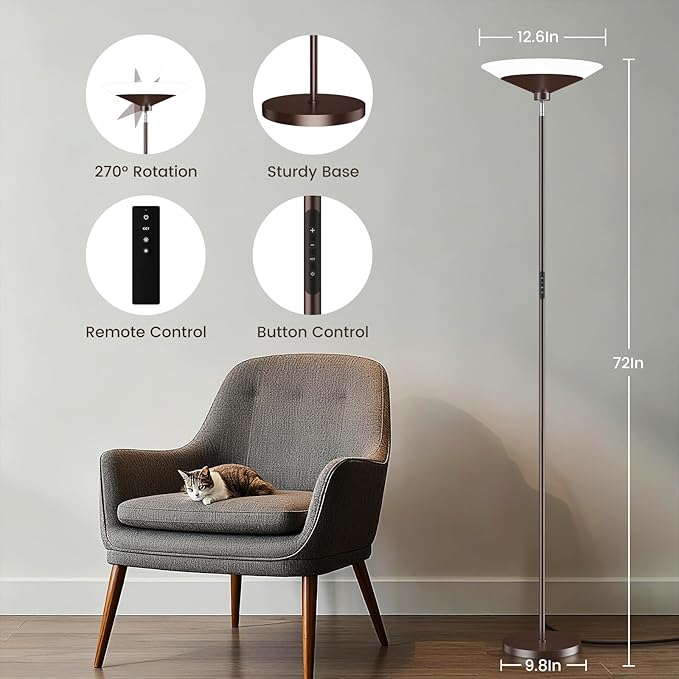 SIBRILLE Brown Torchiere Floor Lamp - 30W Dimmable LED Standing Lamp