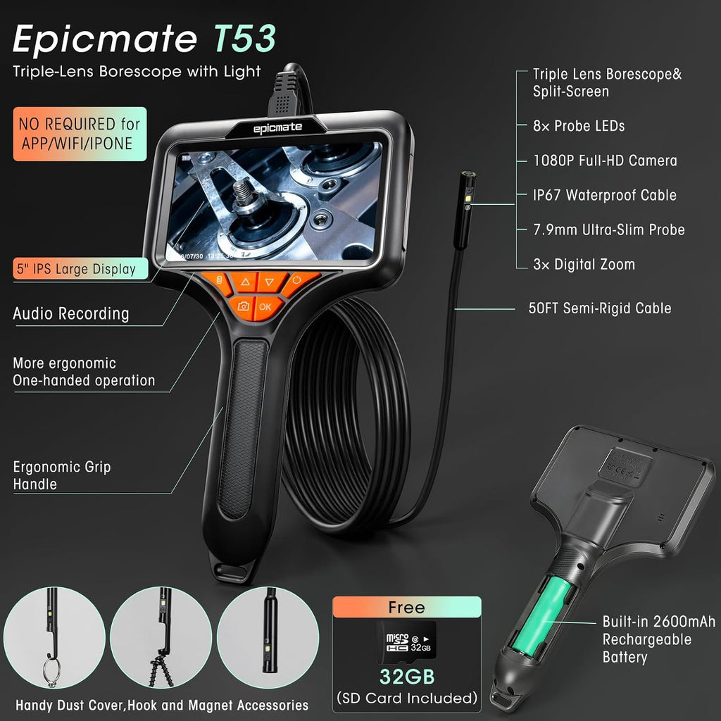 50ft triple lens endoscope camera,5" sewer drain pipe, view 9