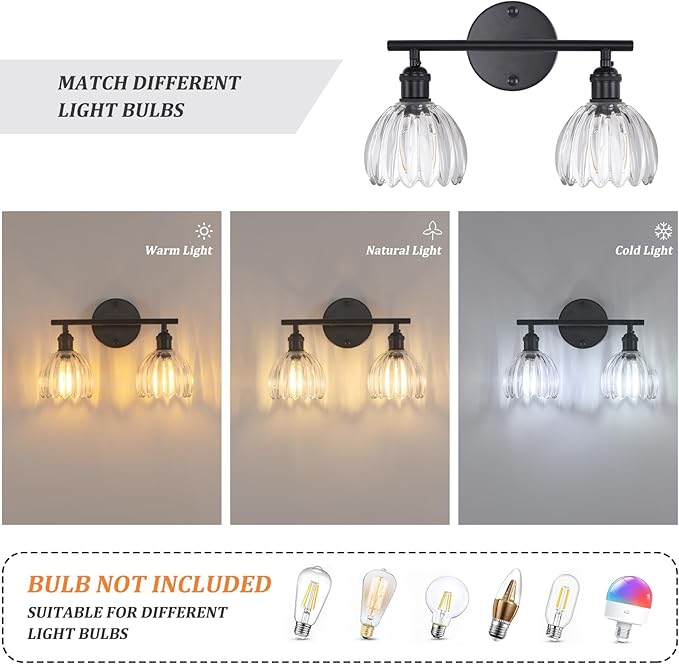 Shenmoyl Bathroom Light Fixtures, 2-Light Black Vanity Wall Light Over Mirror