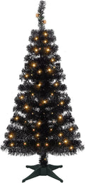 Juegoal Lighted Artificial Halloween Black Christmas Tree, Pre-lit 4 FT Black Tinsel Xmas Pine Trees, Light up with 70 LED Lights Battery Powered, 8 Modes & Timer for Home Office Party Decorations