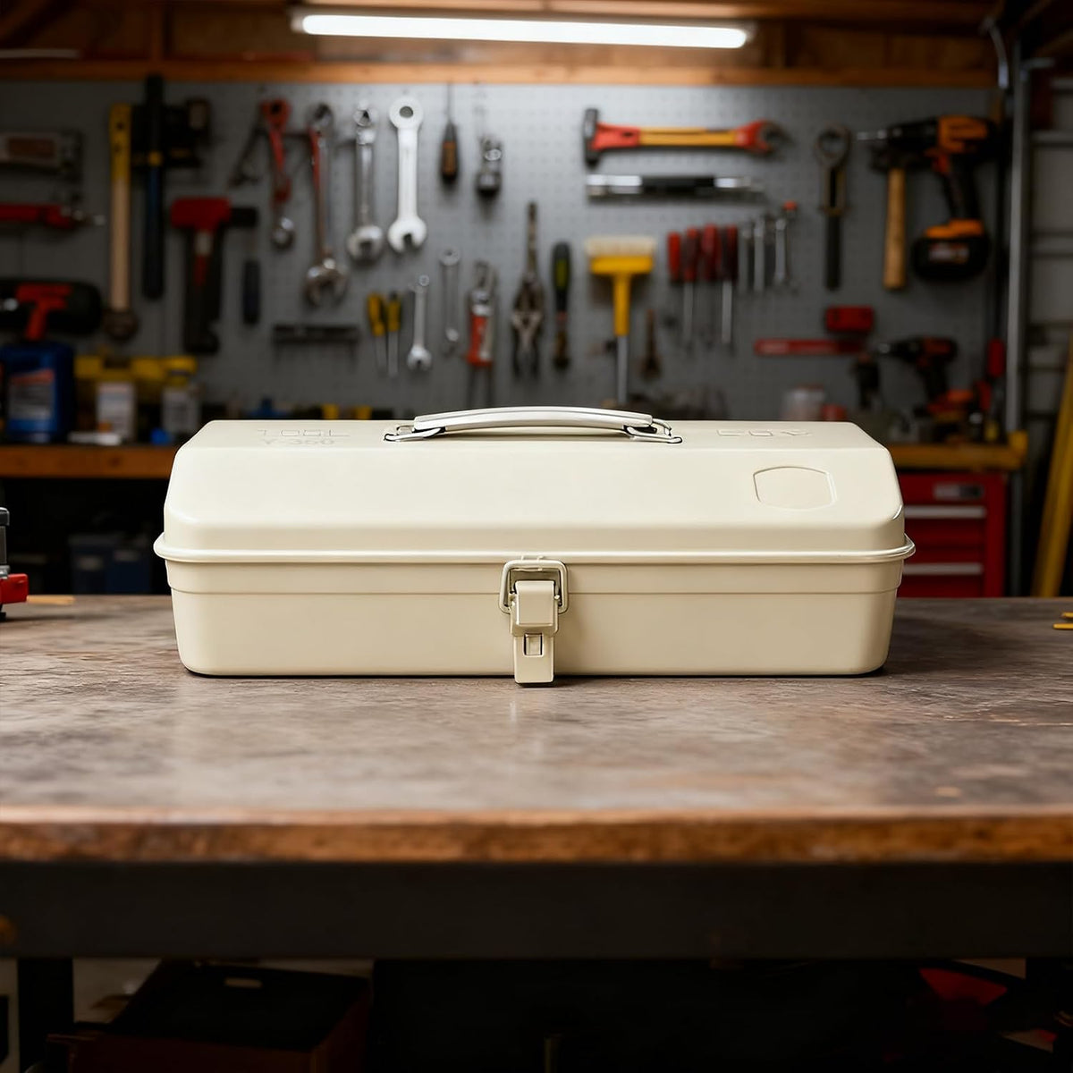 milky white portable metal tool box hip roof, side view