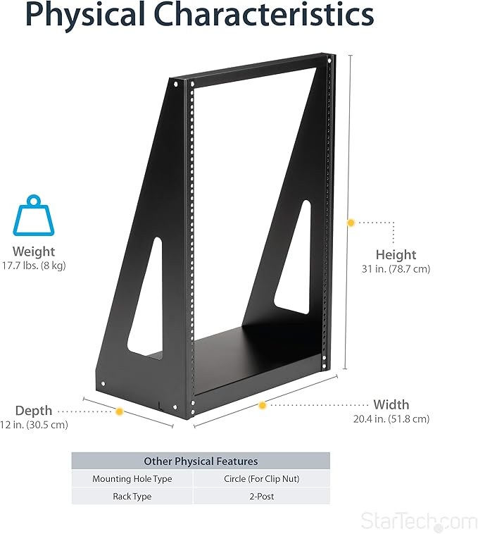 StarTech.com 2-Post 16U Heavy-Duty Desktop Server Rack, Small Open Frame 19in