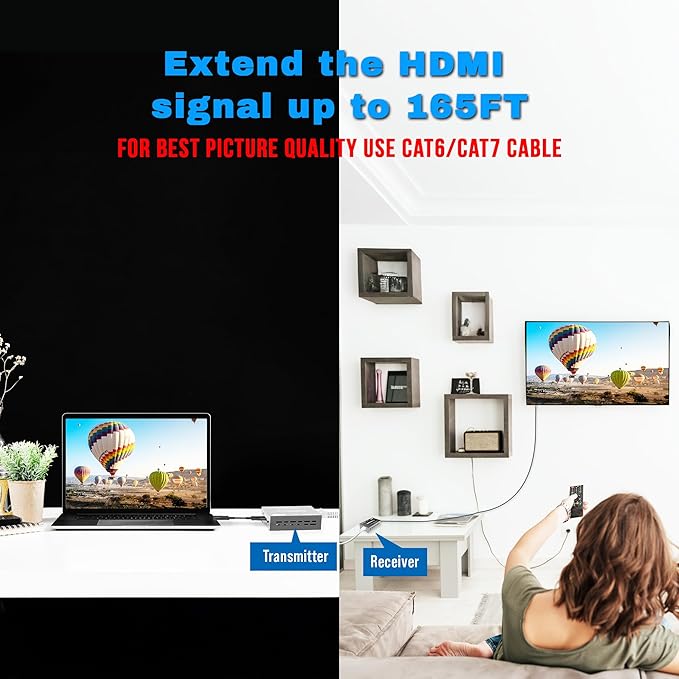 J-Tech Digital HDMI Extender 1080P 60Hz Over Single CAT 5e/6/7 PoC up to 165ft