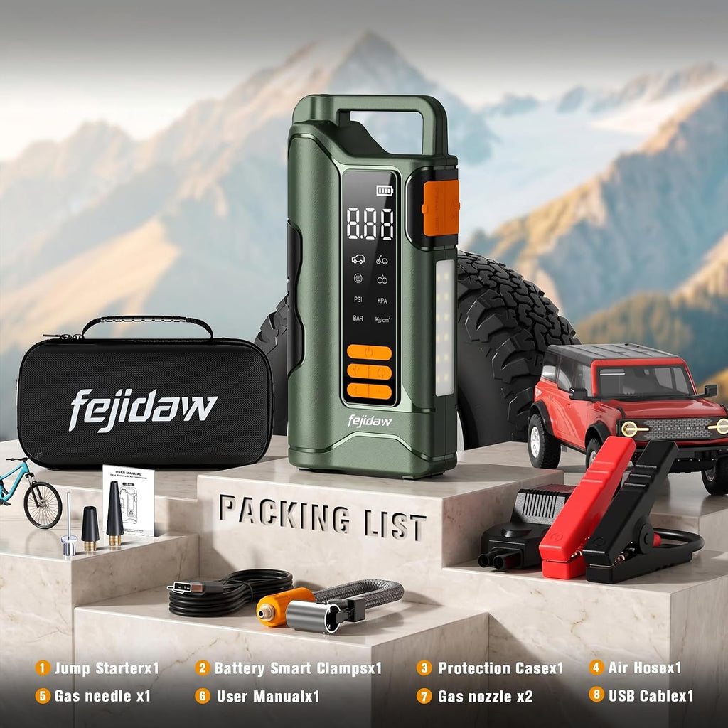 6000A Jump Starter with Air Compressor, 160PSI, 20000mAh, Car for 10L Gas/8L Diesel, UL Certified | Reverse Polarity Protection | LED Display & SOS Light | USB-C 5V/2A | 2-Year Warranty | 3.3 lbs
