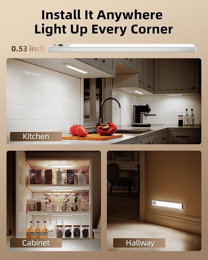 EZVALO 3 Pack Under Cabinet Lighting, 3200mAh Rechargeable Motion Sensor Light
