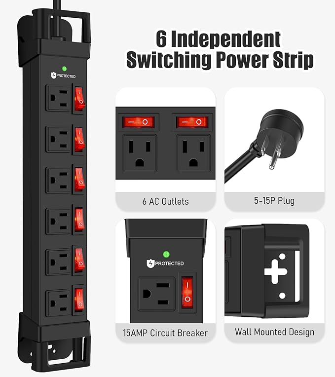 Heavy Duty Power Strip, 6 Outlets Metal Power Strip