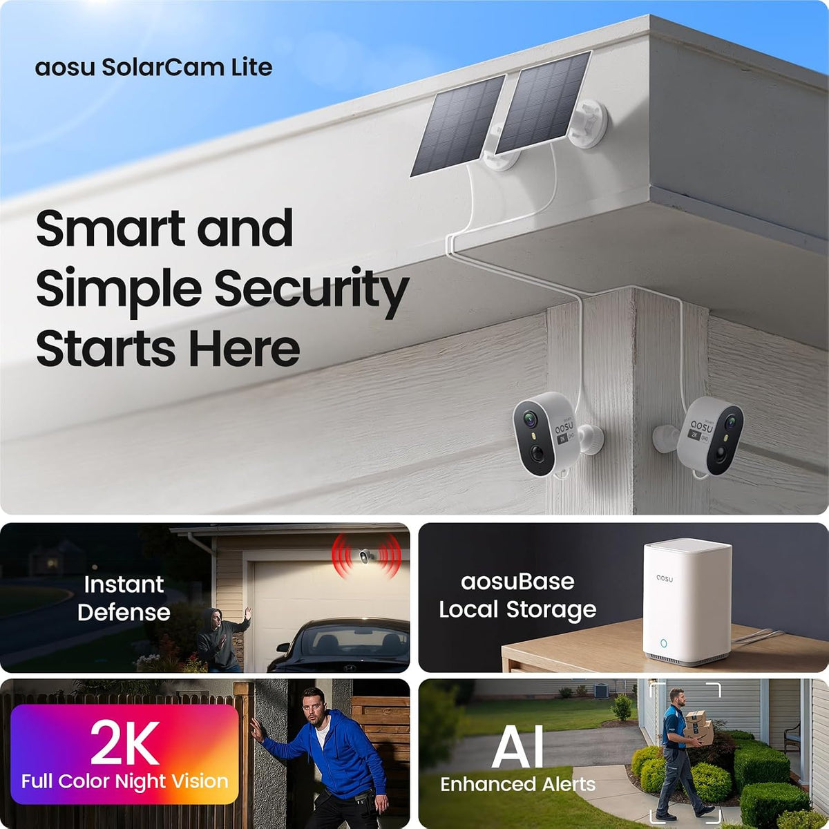 aosu 2k solar security cameras wireless outdoor system, close-up detail