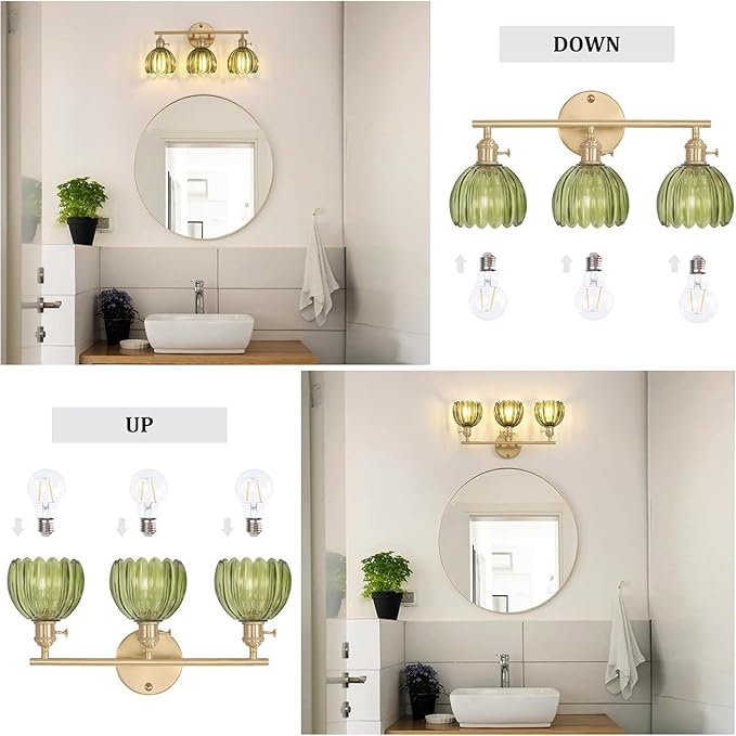 Shenmoyl Bathroom Light Fixtures, 3-Light Brass Vanity Wall Light Over Mirror