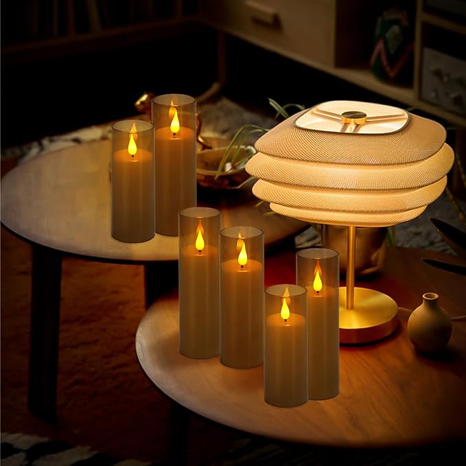 Halloween Decoration Flickering Flameless Candles Battery Operated Timer Led Pillar Candles with Realistic Moving Wick Candles for Home Decor 24 Pack (D2.2 xH 5" 6" 7")(Grey)