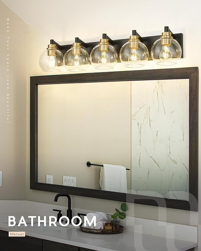 METWET Bathroom Light Fixtures, 5-Light Black and Gold Bathroom Vanity Light