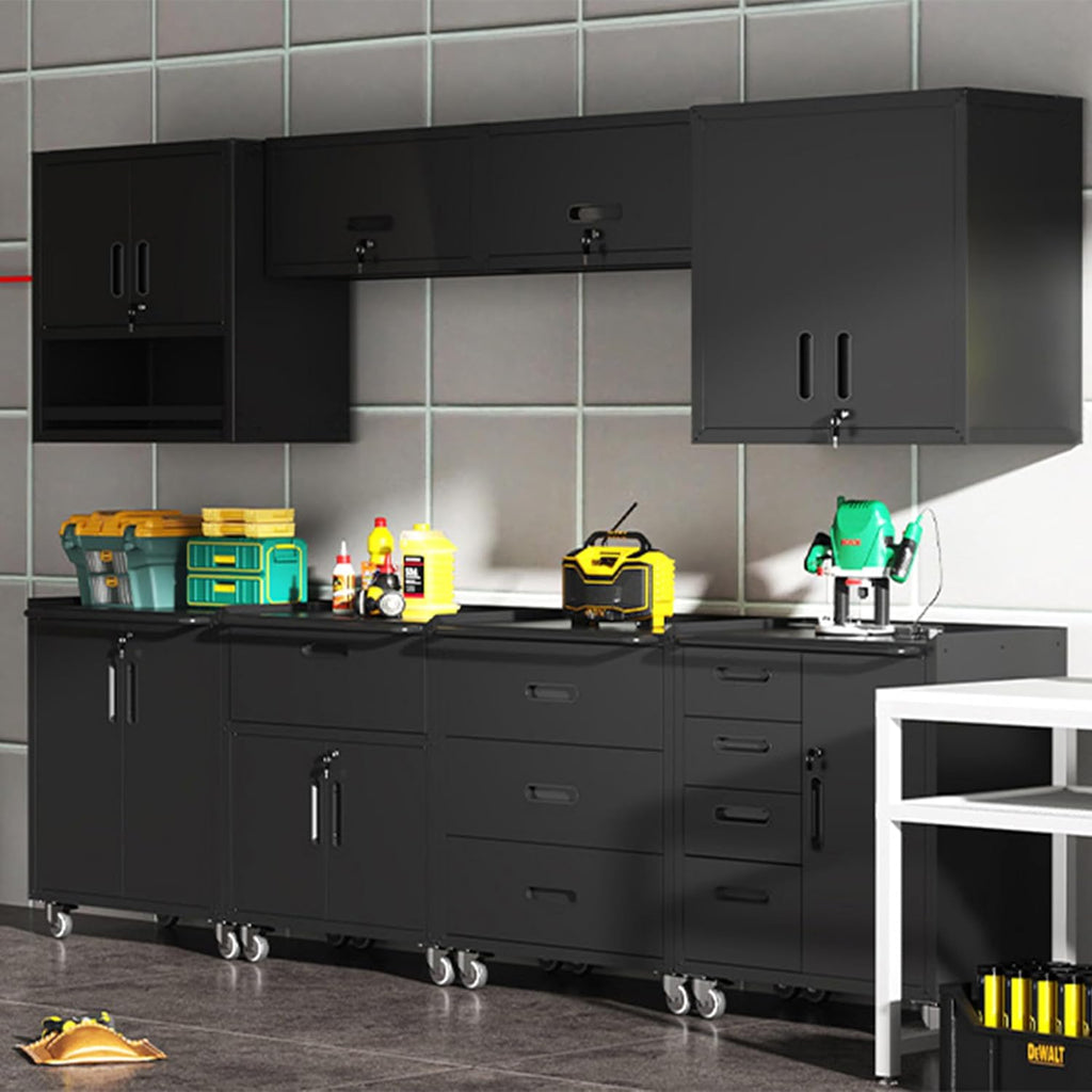 Black Garage Storage Cabinets System 6 PCS Workshop Set with Drawers Locking Heavy Duty Rolling Cart with Adjustable Shelves Garage Tool Workbench Cabinets,6pcs-1