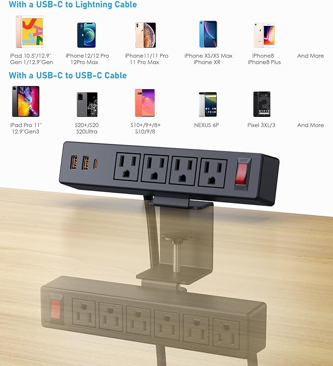 Dual Layer Desk Clamp Power Strip Surge Protector, Under Desk Power Strip